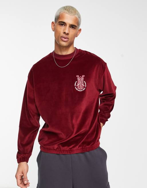 ASOS DESIGN oversized sweatshirt in maroon velour with Manhattan