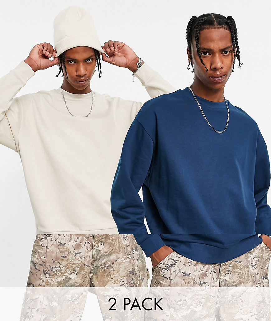 ASOS DESIGN oversized sweatshirt in navy/beige 2pack-Multi