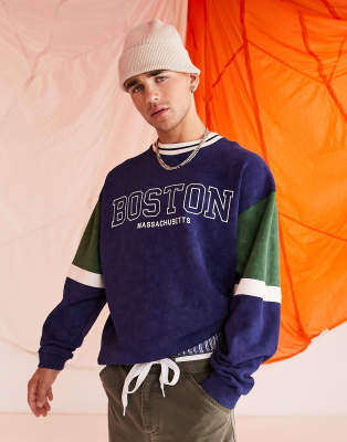 ASOS DESIGN oversized sweatshirt in navy colourblock with Boston city print  - ASOS Price Checker