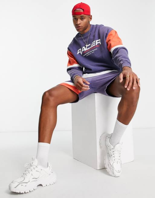 ASOS DESIGN oversized sweatshirt in navy & red color block with chest print - part of a set, 4 of 4