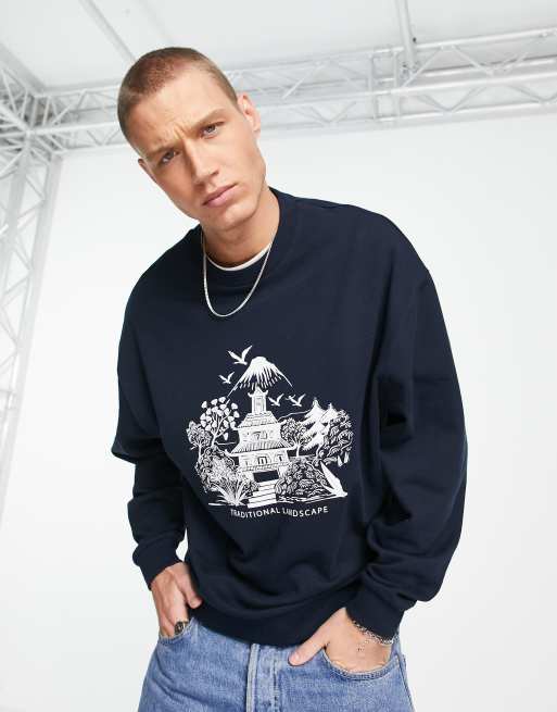 ASOS DESIGN oversized sweatshirt in navy with souvenir sketch front print