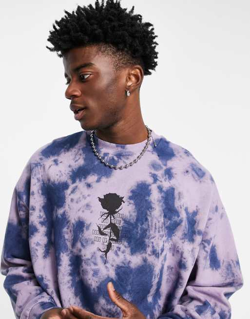 ASOS DESIGN oversized sweatshirt in purple tie dye with rose print part of a set