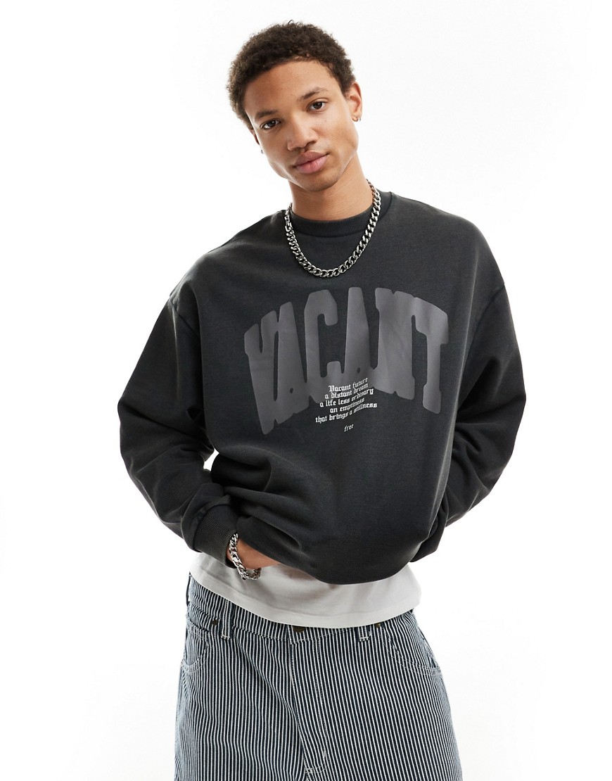 Asos Design Oversized Sweatshirt In Washed Charcoal With Front Text Print-gray