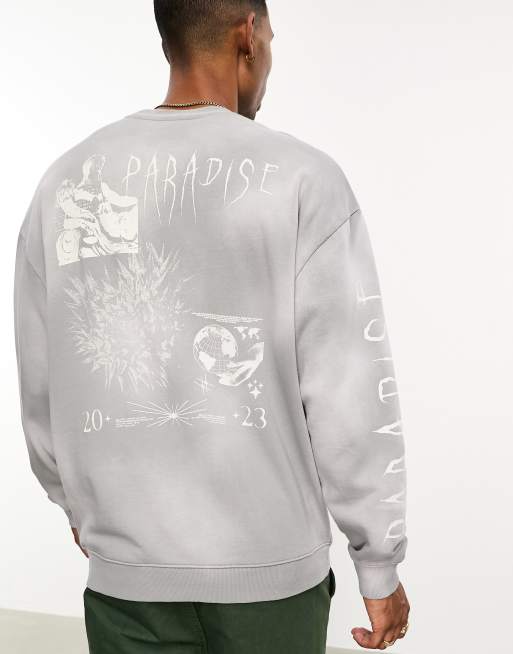 ASOS DESIGN oversized sweatshirt in washed grey with photographic back print & sleeve print