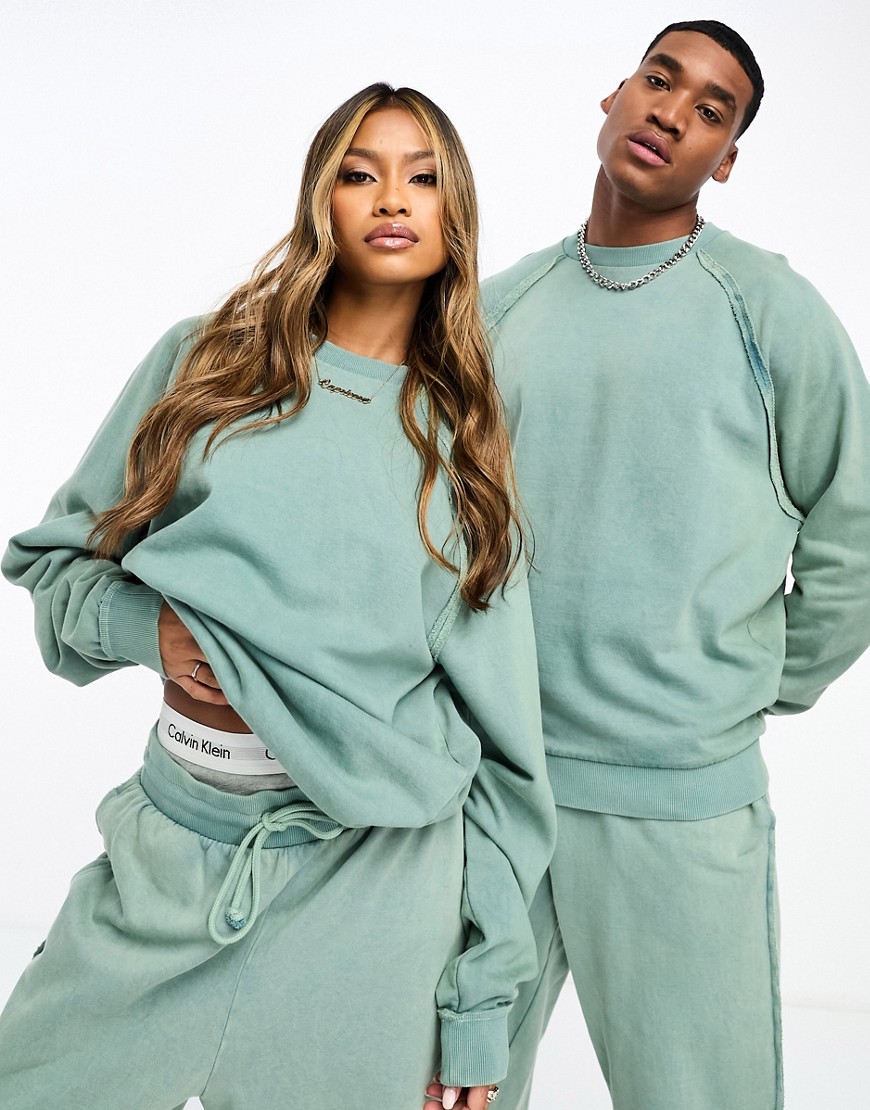 Asos Design Oversized Sweatshirt In Washed Teal With Distressed Seam Details - Part Of A Set-green