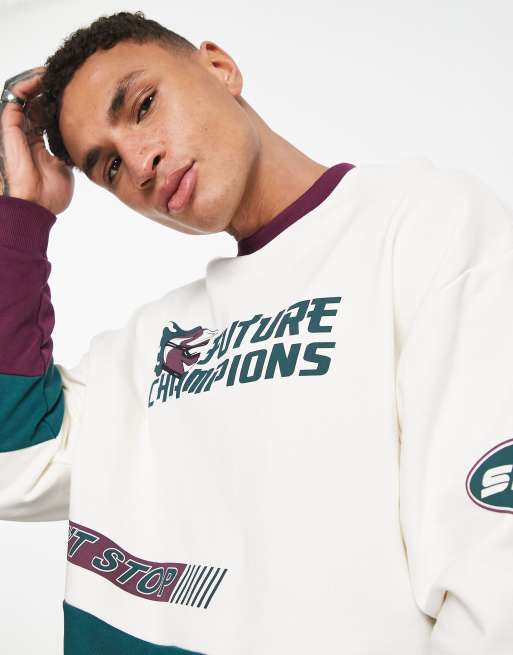 ASOS DESIGN oversized sweatshirt in white burgundy color block