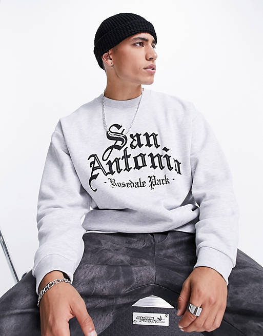 ASOS DESIGN oversized sweatshirt in white marl with gothic city print