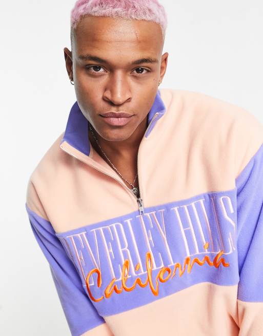 ASOS DESIGN - Oversized sweatshirt med halv lynlås, bybroderi og lyserøde og blå farveblokke i polar-fleece