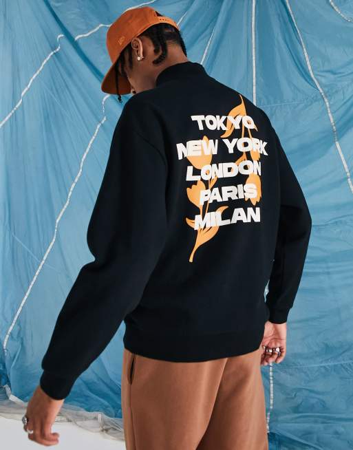 ASOS DESIGN - Oversized sweatshirt med halv lynlås og byprint foran og bagpå i sort