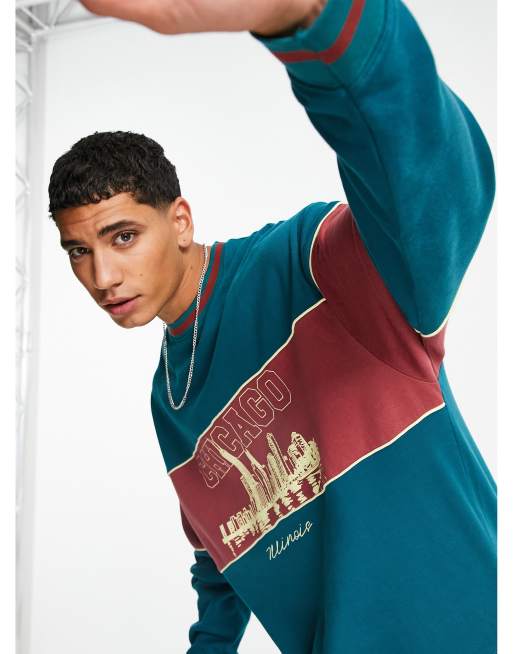 ASOS DESIGN - Oversized sweatshirt med kontrastpanel og byprint - Del af sæt