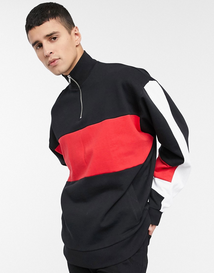 ASOS DESIGN - Oversized sweatshirt med kort lynlås og farveblok-Sort