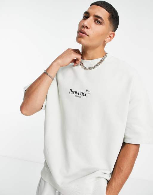 ASOS DESIGN - Oversized sweatshirt med korte ærmer og byprint i vasket hvid - Del af sæt - WHITE
