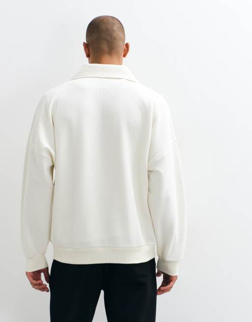 ASOS DESIGN oversized sweatshirt med kvartslång dragkedja i strukturerat tyg i beige, 3 av 5