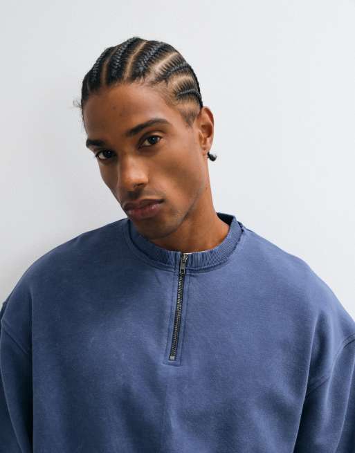 ASOS DESIGN oversized sweatshirt med lynlås i halsen, vask og rå kant-detalje i navy, 3 af 5