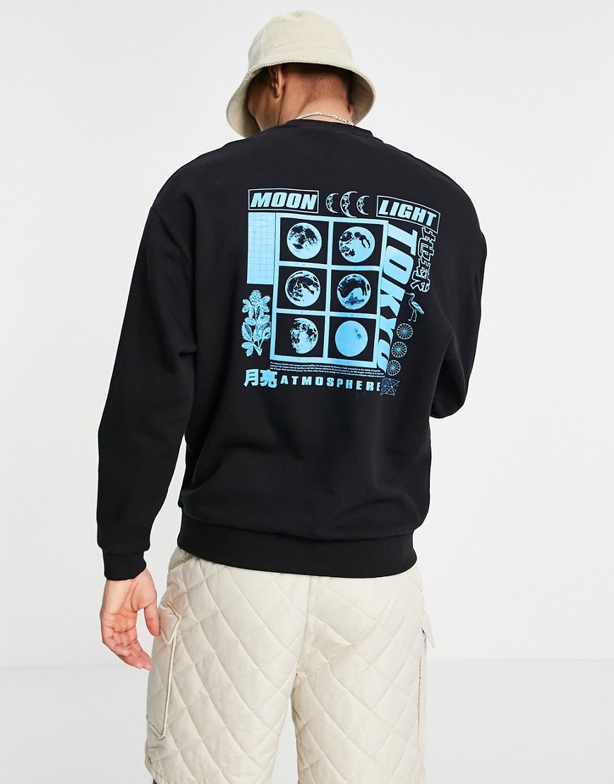 ASOS DESIGN - Oversized sweatshirt med neonfarvet 'Tokyo'-print på ryggen i sort