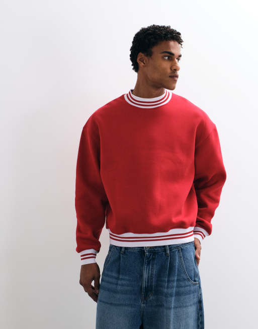 ASOS DESIGN oversized sweatshirt med rund hals, kontrastrib og kontrastkanter i rød, 5 af 5