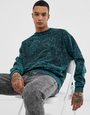 ASOS DESIGN - Oversized sweatshirt met acid wash en gaatjes in groen