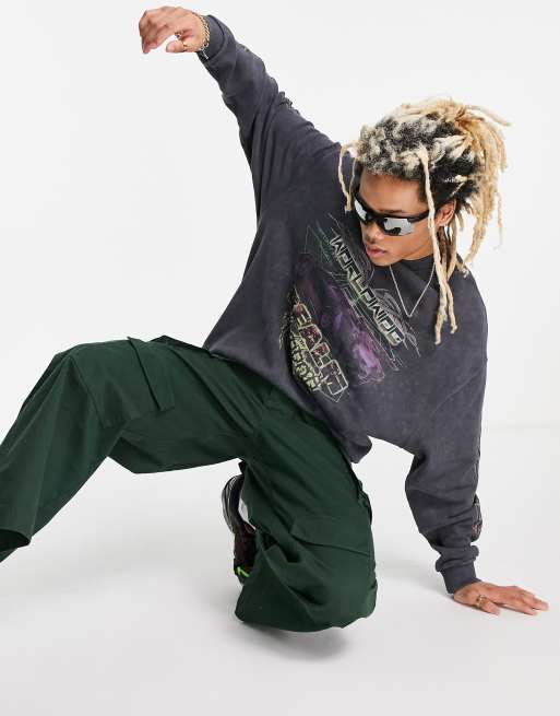 ASOS DESIGN - Oversized sweatshirt met autoprint in grijze acid wash, 4 van 4