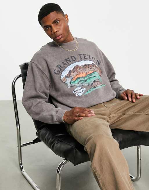 ASOS DESIGN - Oversized sweatshirt met bergprint in grijze acid wash