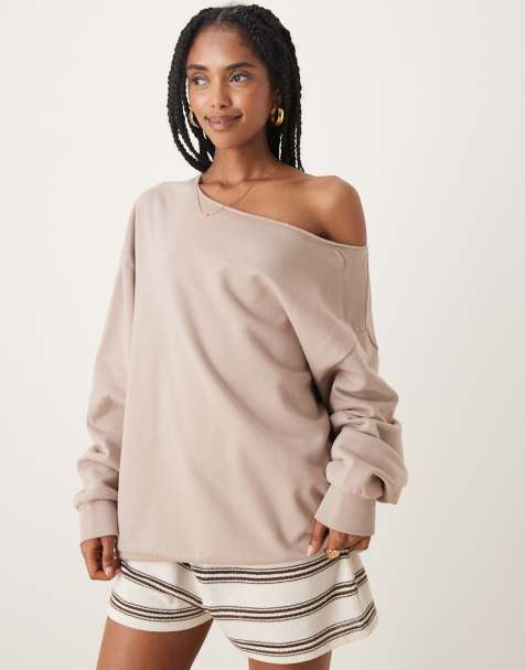 ASOS DESIGN - Oversized sweatshirt met blote schouder in nertsbruin - view 1