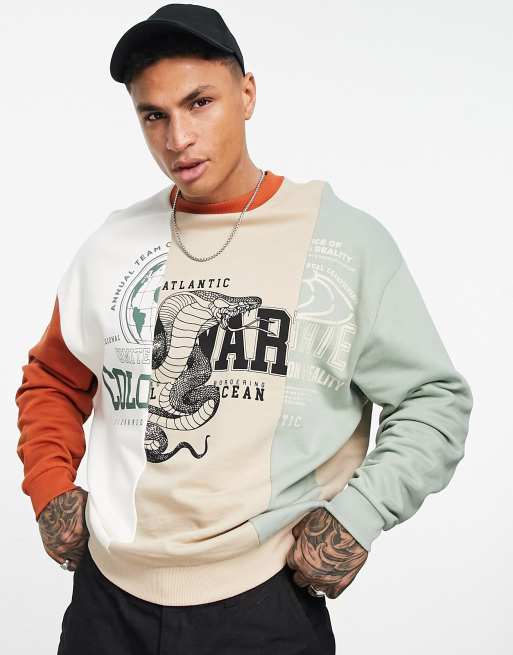 ASOS DESIGN - Oversized sweatshirt met bruine kleurvlakken en gesplitste print