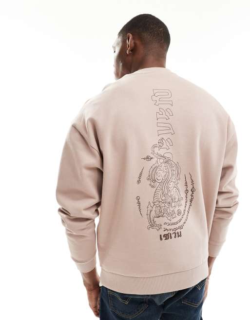 ASOS DESIGN - Oversized sweatshirt met drakenprint midden op de rug in bruin