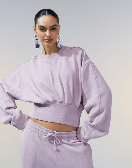 ASOS DESIGN - Oversized sweatshirt met gerimpelde taille in mauve met wassing, deel van co-ord set