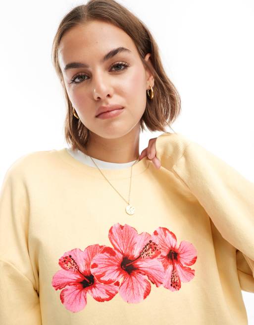 ASOS DESIGN - Oversized sweatshirt met grafische hibiscusprint in baby ecru, 3 van 4