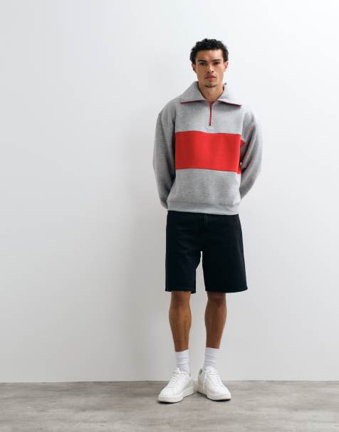 ASOS DESIGN oversized sweatshirt met halve rits, contrasterende rits en borstpaneel in grijs gemêleerd - view 1