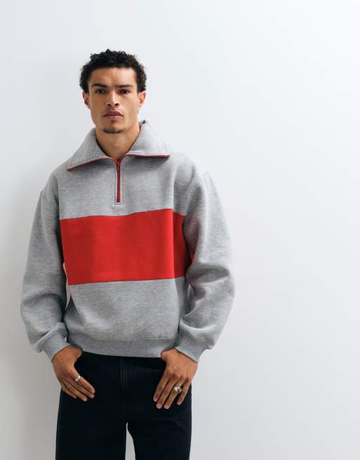 ASOS DESIGN oversized sweatshirt met halve rits, contrasterende rits en borstpaneel in grijs gemêleerd, 3 van 5