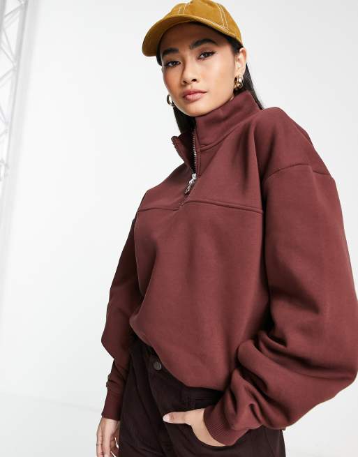 ASOS DESIGN - Oversized sweatshirt met halve rits in bruin