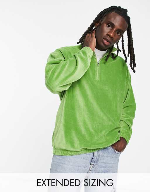 ASOS DESIGN - Oversized sweatshirt met halve rits in groen geribbeld velours