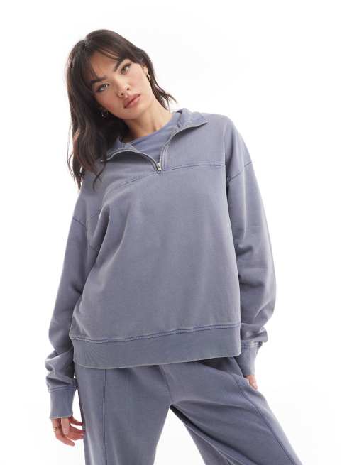 ASOS DESIGN - Oversized sweatshirt met halve rits in indigoblauw met wassing
