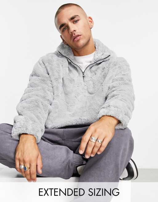 ASOS DESIGN - Oversized sweatshirt met halve rits van imitatiebont in grijs