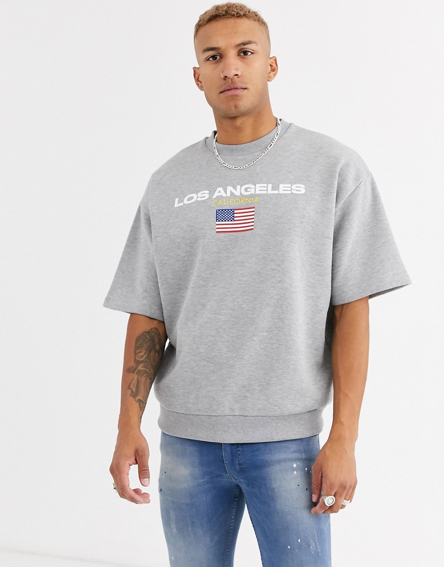 ASOS DESIGN - Oversized sweatshirt met korte mouwen en Los Angeles-tekstprint in gemêleerd grijs