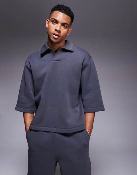 ASOS DESIGN - Oversized sweatshirt met korte mouwen en rugbykraag in antracietgrijs - view 1