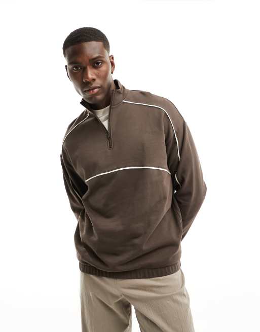 ASOS DESIGN - Oversized sweatshirt met korte rits en biezen in bruin