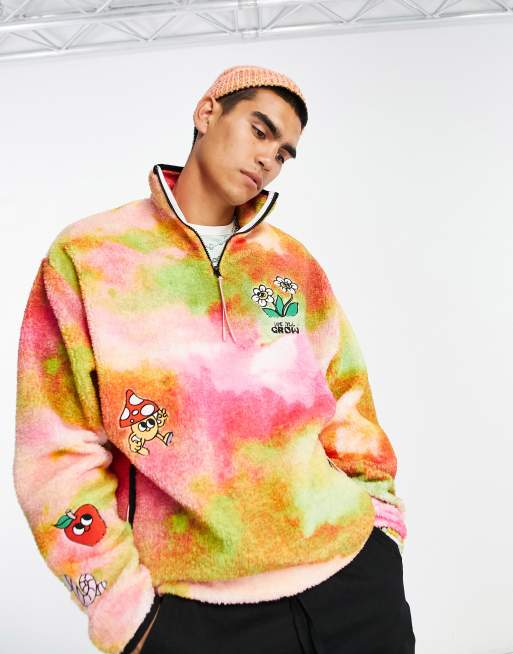 ASOS DESIGN - Oversized sweatshirt met korte rits van borg met tie-dye en borduursels