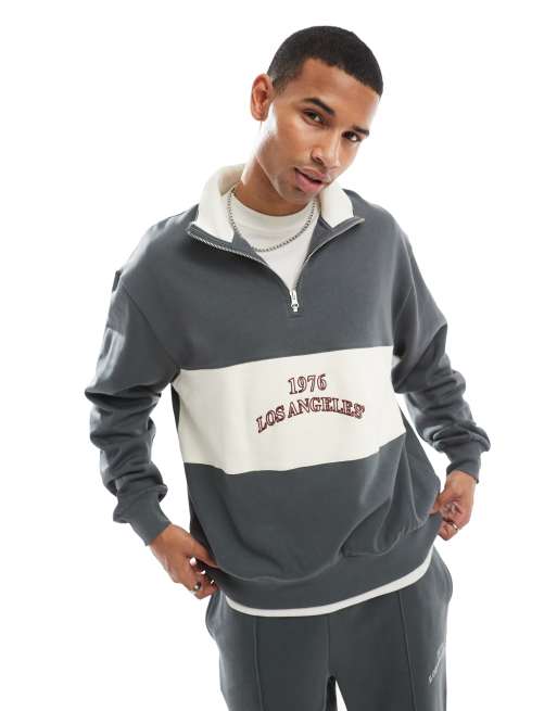 ASOS DESIGN - Oversized sweatshirt met kwartrits en contrasterende inzetstukken in grijs, deel van co-ord set