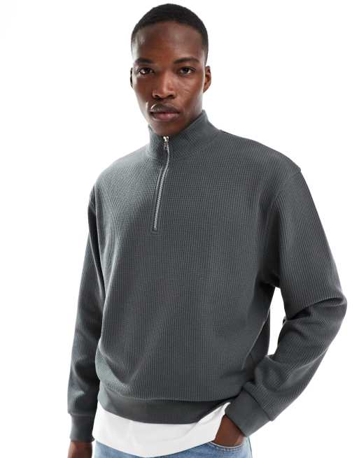 ASOS DESIGN - Oversized sweatshirt met kwartrits, opstaande boord en wafeltextuur in grijs
