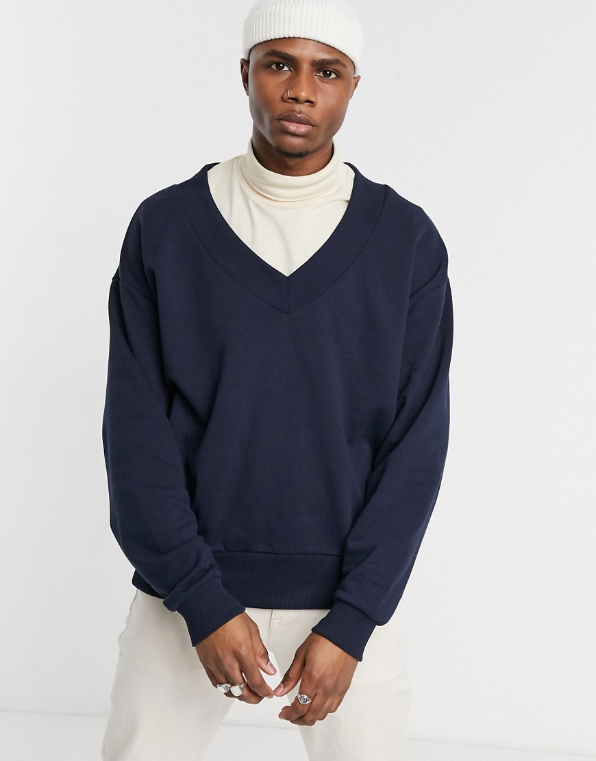 ASOS DESIGN - Oversized sweatshirt met lage V-hals in marineblauw