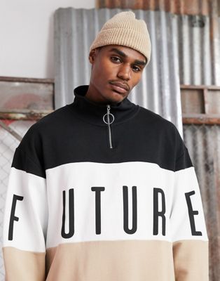 ASOS DESIGN - Oversized sweatshirt met opstaande boord, kleurvlakken en borduursel met dark future-logo-Beige