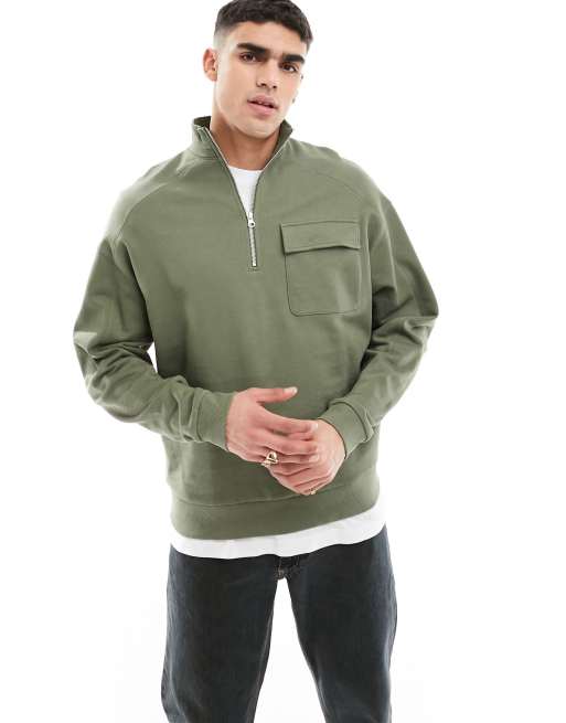 ASOS DESIGN - Oversized sweatshirt met opstaande boord met kwartrits in kaki