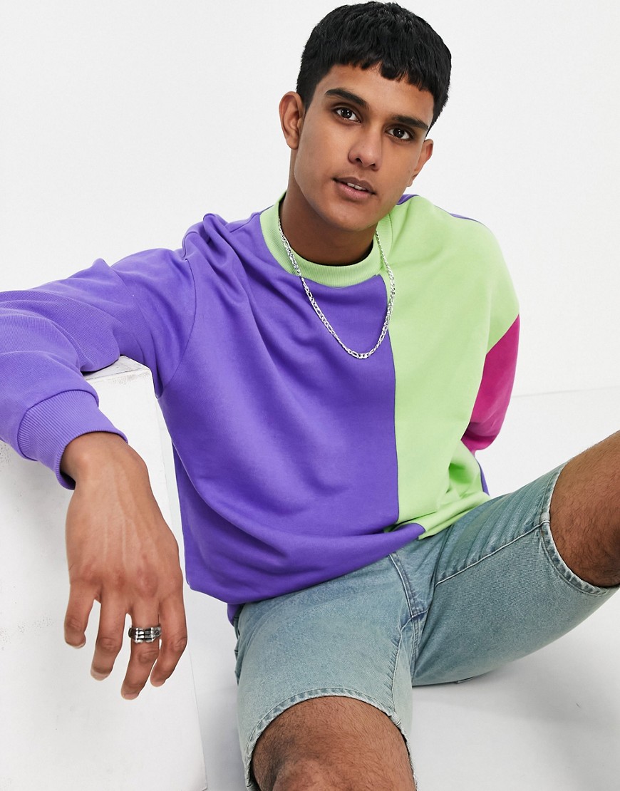 ASOS DESIGN - Oversized sweatshirt met paarse en groene kleurvlakken-Veelkleurig
