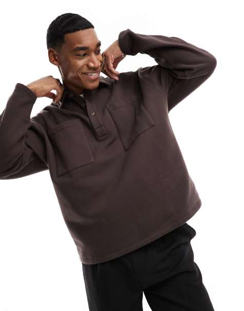 ASOS DESIGN - Oversized sweatshirt met polokraagje van premium zware stof in bruin - view 1