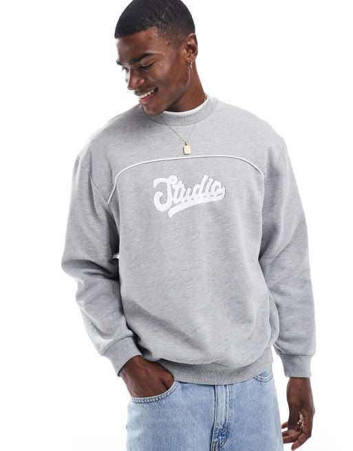 ASOS DESIGN - Oversized sweatshirt met print op de borst en biezen in gemêleerd grijs