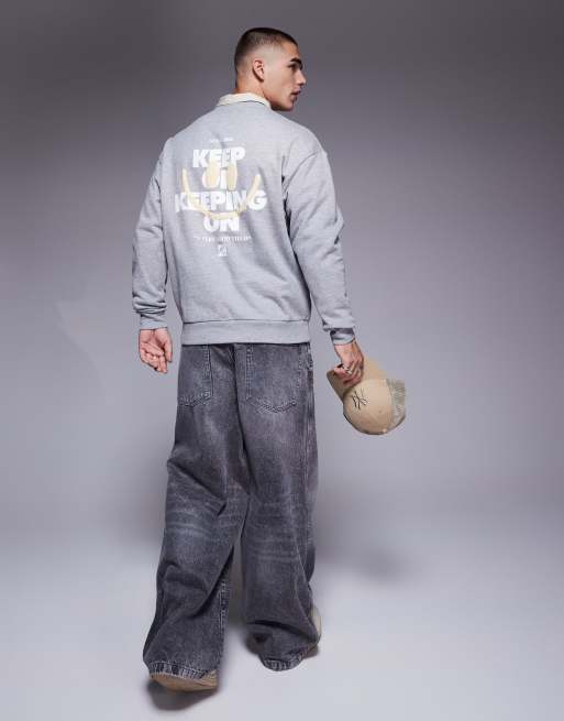 ASOS DESIGN - Oversized sweatshirt met print op de voor- en achterkant in gemêleerd grijs