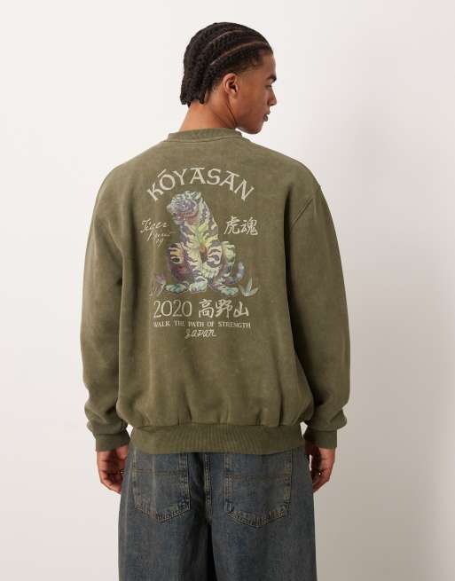 ASOS DESIGN - Oversized sweatshirt met prints in kaki met wassing