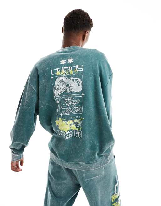 ASOS DESIGN - Oversized sweatshirt met straatprint op de rug en print en borduursels op de mouwen in donkergroen met acid wash, deel van co-ord set