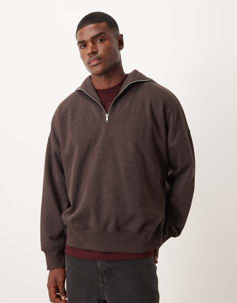 ASOS DESIGN - Oversized sweatshirt met verlaagde schouders, korte rits en kraagje in gemêleerd bruin - view 1